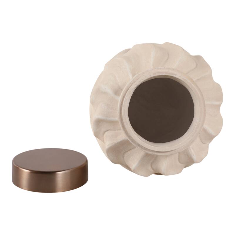 Pottery Jar Wavy Sculpted Tall with Metallic Lid Decorative Accent