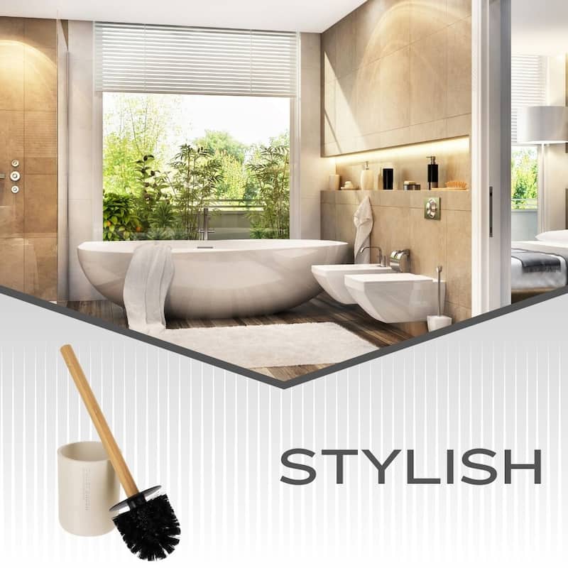 Chic Matte Toilet Brush Holder Set with Natural Bamboo Handle - 4 L x 4 W x 14.8 H