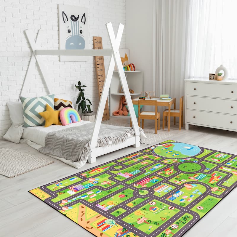 Sorbus City Streets Car Road Map – Interactive Toy Car Route, Activity Area Carpet Rug Floor Playmat, Washable Rug for Kids (XL)