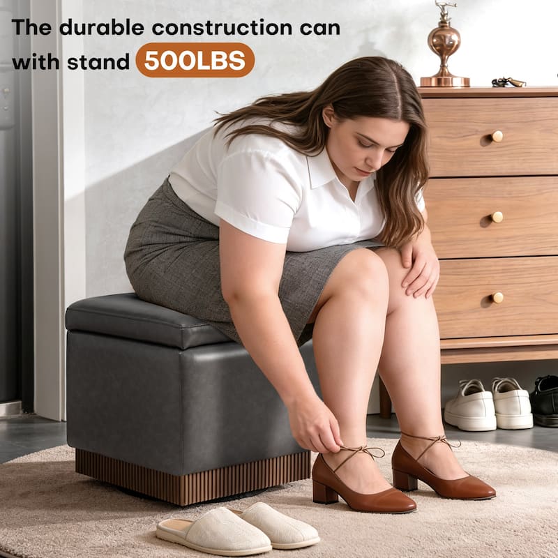 Swivel Storage Ottoman Bench Footstool with Flip-top and Acacia Frame