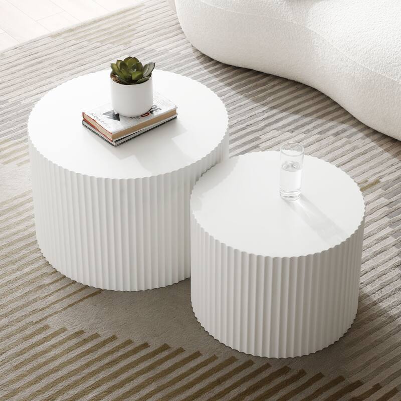 Modern Glam Relief Carving Round Accent Nesting Side Fluted Coffee Tables Set (2 Pack) No Assembled