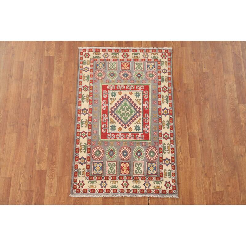 Geometric Grey Kazak Foyer Rug Handmade Wool Carpet - 2'7" x 4'2"