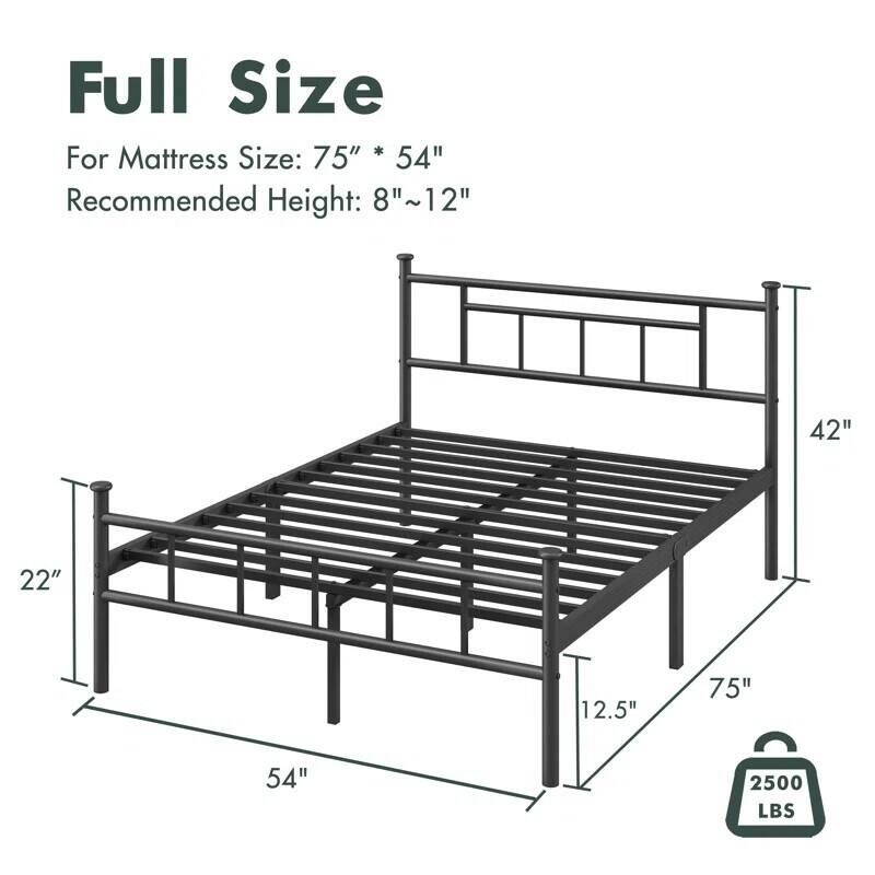 Classic Metal Platform Base with Headboard and Footboard, Round Corner Legs Mattress Slide Stopper