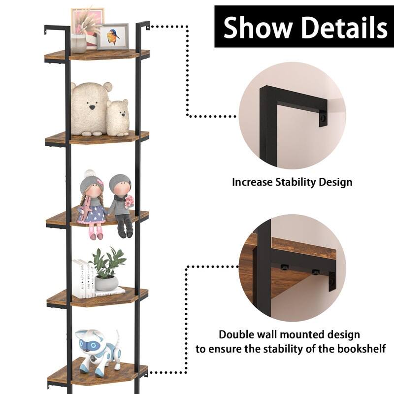 Rustic Brown Wall Mounted Corner Shelf - 11.81"D x 11.81"W x 70"H