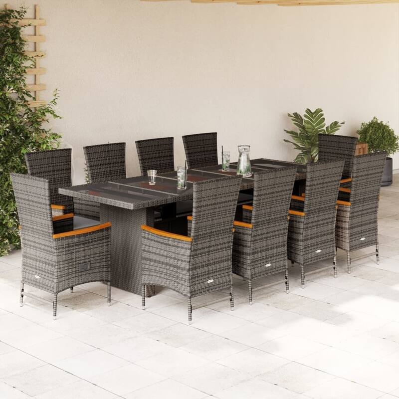 vidaXL Patio Dining Set with Cushions Garden Outdoor Furniture Gray Poly Rattan - 22.8" x 24.4" x 42.5" - Gray 11pcs-armchair