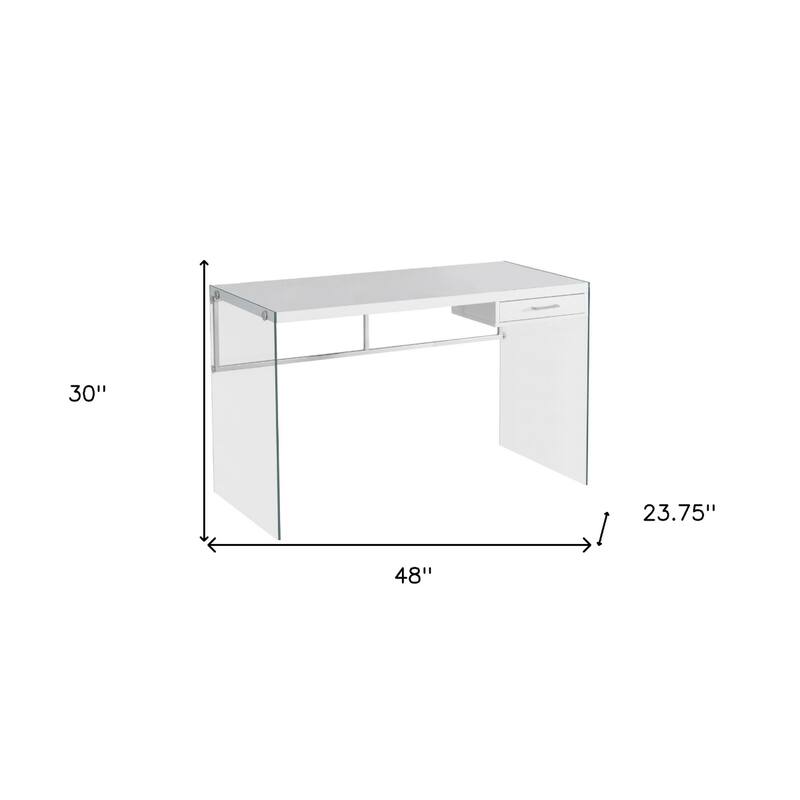 White Wood Computer Desk with Metal Base, Drawer and Cable Management