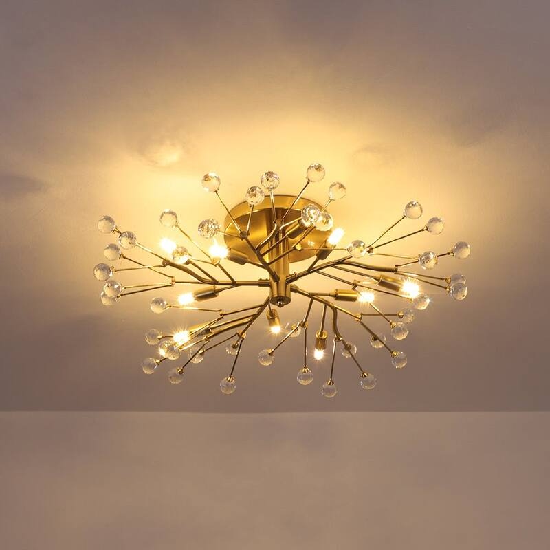 Modern 10-Light Crystal Accented Starburst Flush Mount Chandelier