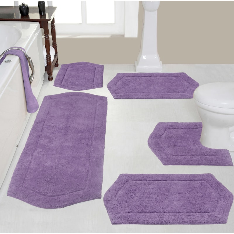 Waterford Collection 100% Cotton Non-Slip Bathroom Rug Set, Machine Washable Bath Rug, 5 Piece Bath Mat Set with Contour - Purple