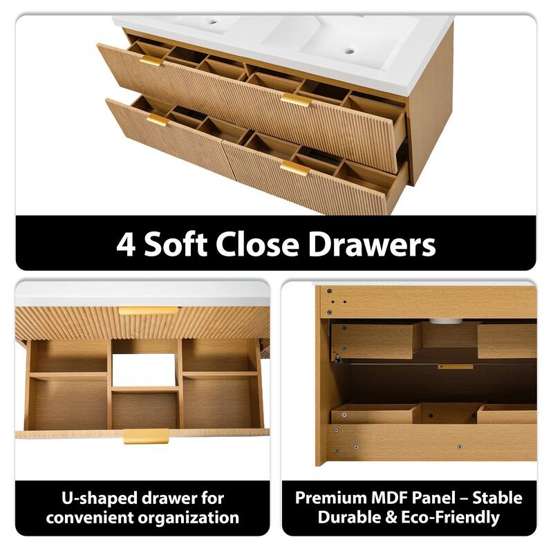 Floating Bathroom Vanity with Double Sink, Wall-Mounted Storage Vanity with 4 Drawers, SMC Integrated Basin - 59.3 Inch