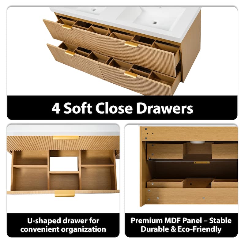 GDFStudio - Stratford Modern Wall Mounted Double Sink Bathroom Vanity with SMC Countertop, Soft Close Drawers & Storage - 19.8"