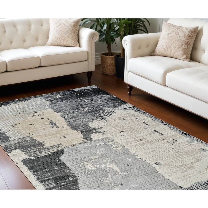 Bile Distressed Abstract Stain Resistant Woven Durable Area Rug By HomeRoots - 7' X 10' - Cream/Onyx - Rectangle