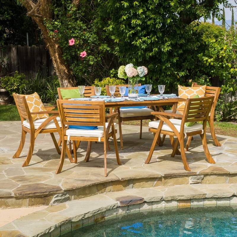 7 Piece Patio Dining Set Outdoor Rectangular Acacia Wood Table and Chairs Furniture Set with Removable Soft Cushions