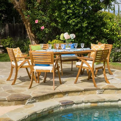 7 Piece Patio Dining Set Outdoor Rectangular Acacia Wood Table and Chairs Furniture Set with Removable Soft Cushions
