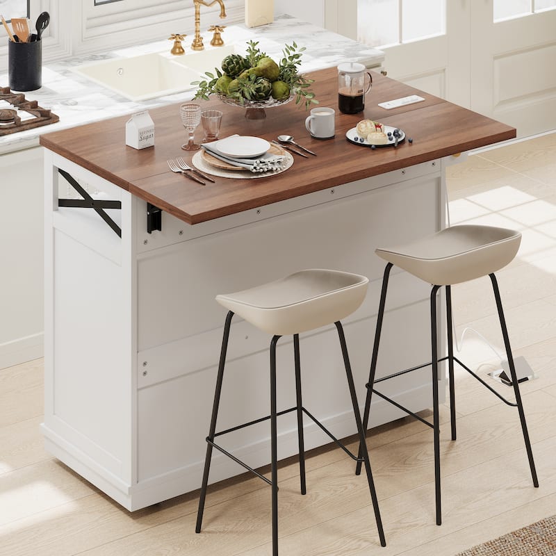 46.5" Farmhouse Kitchen Island Cart with Drape of Beads, Power Outlet, Rolling Kitchen Cart on Wheels with Drop Leaf