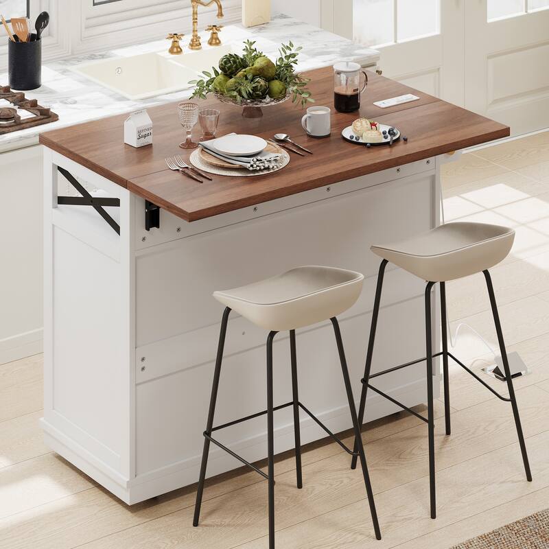 Kitchen Island with Drape of Beads, Rolling Kitchen Cart on Wheels with Drop Leaf
