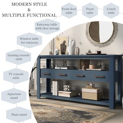 62" Long Sofa Side Table Console Table, Entryway Table Display Table with 4 Drawers and 3-Tier Storage Shelves