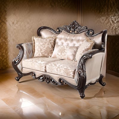 Cona 70 Inch Loveseat, Gold Carved Details, Brown, Button Tufted Beige