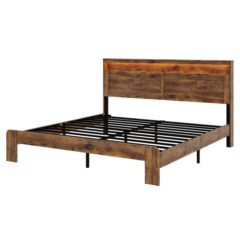 King Size Wood Platform Bed Frame with Storage, LED Headboard, USB Ports, Noise Free, Easy Assembly, Dark Brown