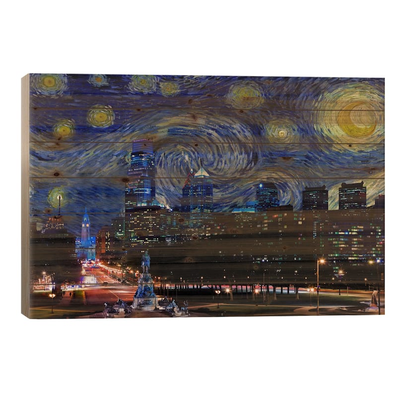 Philadelphia, Pennsylvania Starry Night Skyline Print On Wood by 5by5collective - Multi-Color - 18x26x1.5