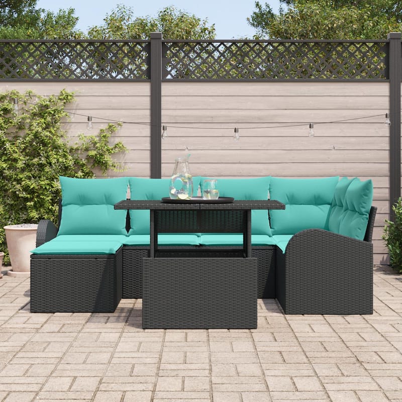 vidaXL 7 Garden Sofa Set with Cushions Black/Brown/Grey Poly Rattan - 92.1 x 48.8 x 27.2