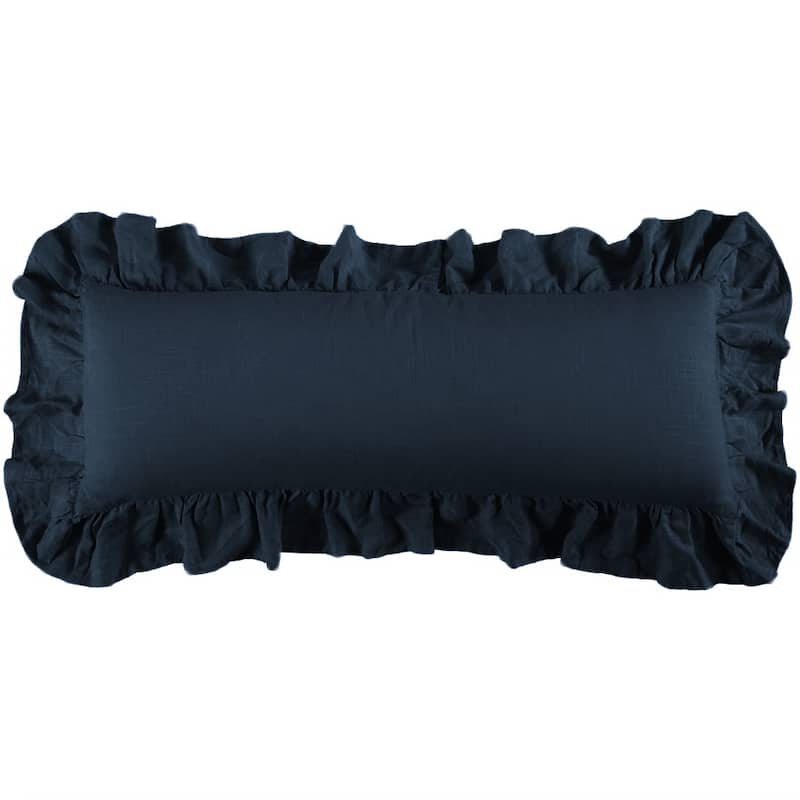 HiEnd Accents Luna Washed Linen Ruffled Lumbar Pillow, 14"x36" - Navy