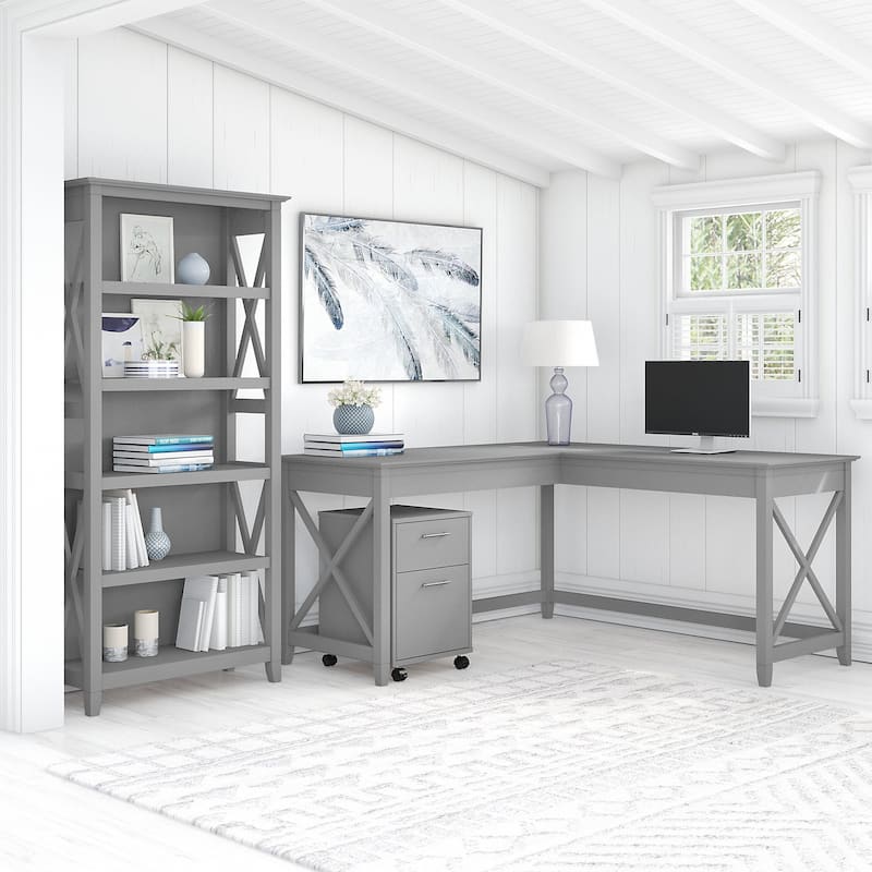 Key West 60W L Desk with File Cabinet and Bookcase by Bush Furniture - Cape Cod Gray