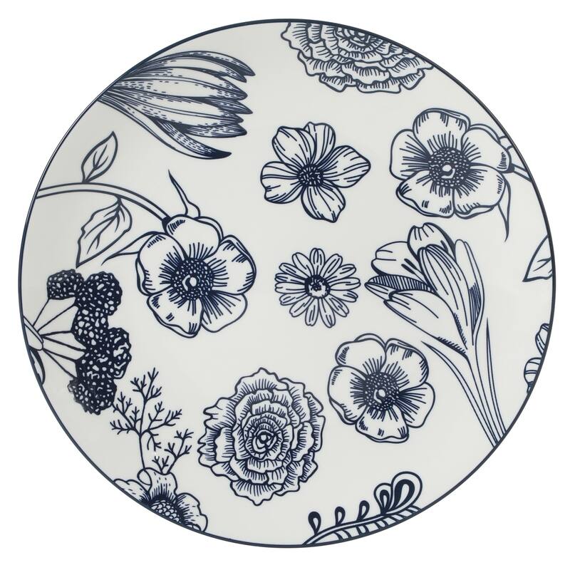 Gibson Home Westerly Court 16-Piece Dinnerware Set, Blue Floral Stoneware Plates & Bowls, Service for 4