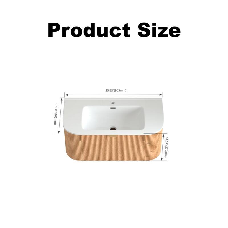 36" Bathroom Vanity,Solid Wood Wall-Mounted Floating Curved Edges Striped Bathroom Large Storage Cabinet With 2 Side Drawers