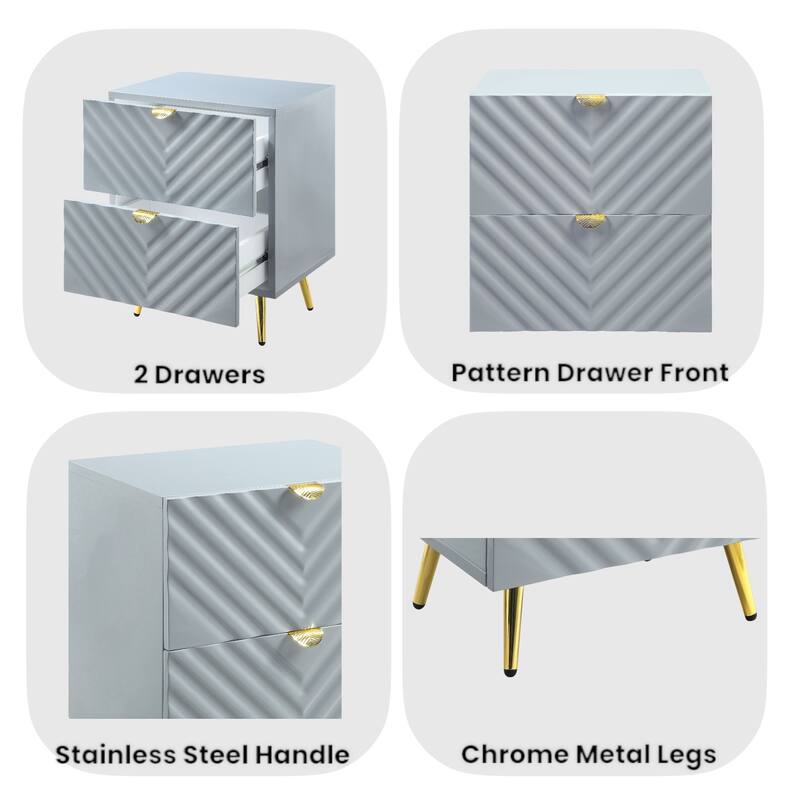 Gray High Gloss Finish Nightstand with 2 Storage Drawers and Metal Legs