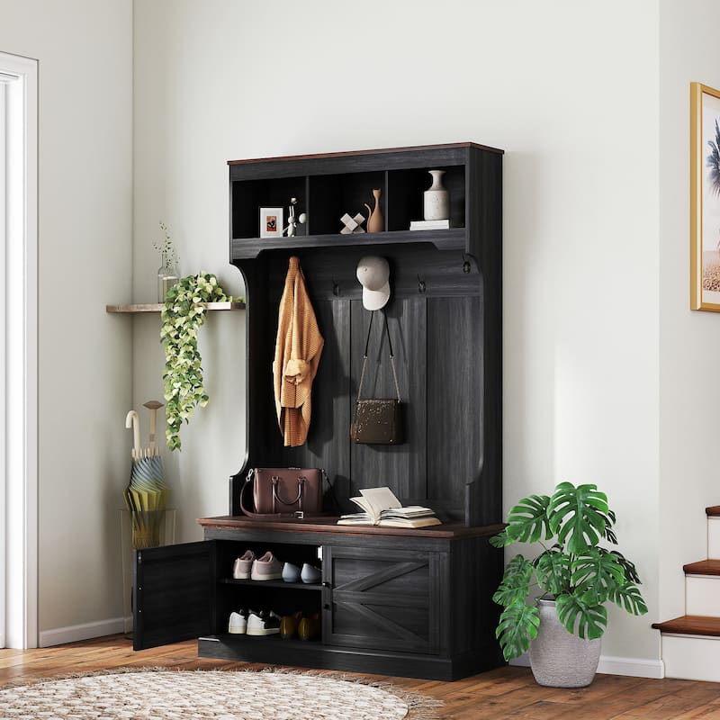 3-in-1 Farmhouse Hall Tree with Bench, Coat Hooks & Shoe Storage