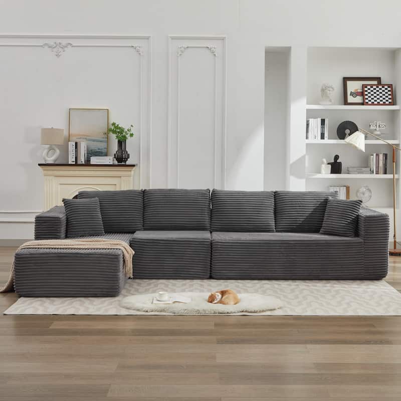 106" L-Shape Sectional Sofa, Deep Seat, Gray Corduroy, No Assembly