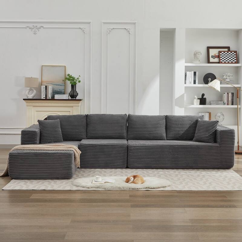 Modular Sectional Sofa with L-Shape Chaise, Oversized Corduroy Upholstered Cloud Sofa, Deep Seat Sofa with 2 Throw Pillows