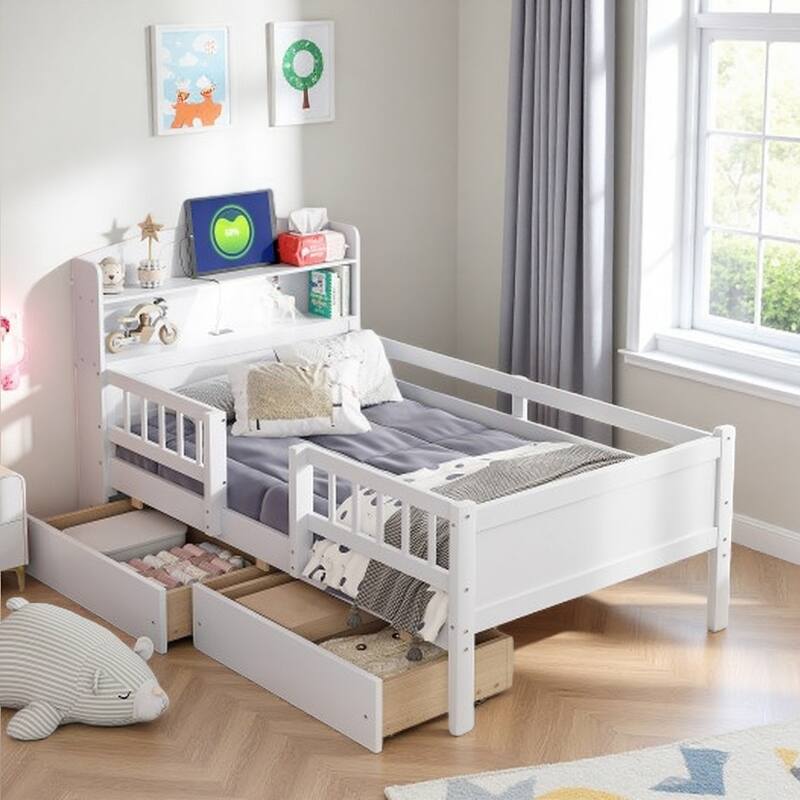 Twin Size Platform Bed with LED Headboard, 2 Storage Drawers, USB Ports, and Guardrails - White