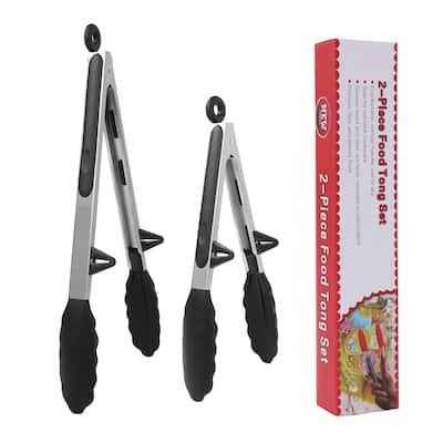 Kitchen Tong Set for Cooking Stainless Steel Tongs Stands Silicone 2Pcs Black