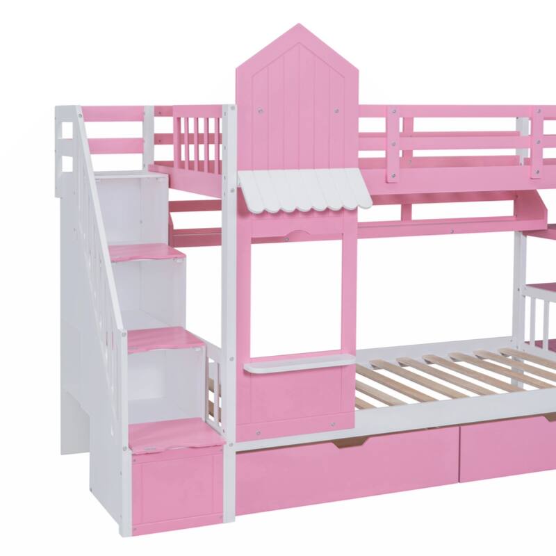 Twin-Over-Twin Castle Style Bunk Bed with 2 Drawers 3 Shelves and Slide