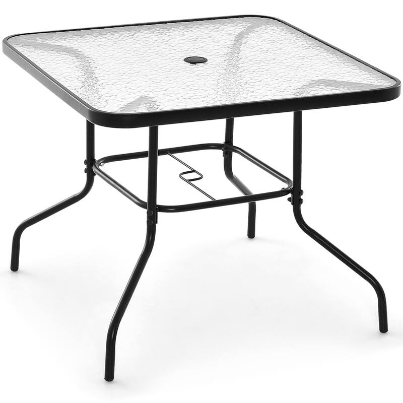 Costway 34 Inch Outdoor Dining Table Square Tempered Glass Table with - See Details - Black