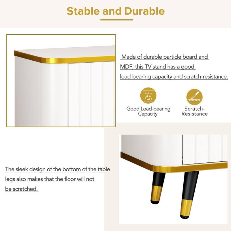 Elegant 79-Inch TV Stand with Ample Storage, Golden Elements, and Sleek Design - Ideal for Large Living Spaces.