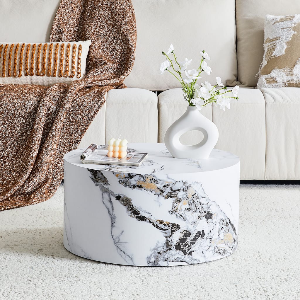 Marble Texture Round MDF Coffee Table: 23.6" Diameter × 11.8" Height, Modern Minimalist Style, Perfect for Living Room