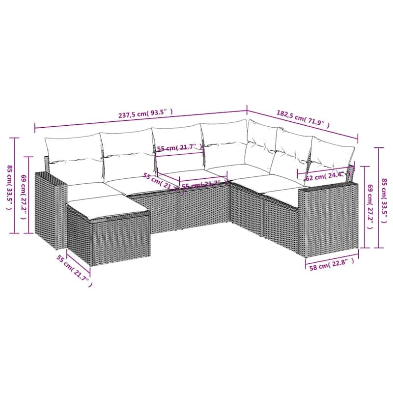 vidaXL Patio Sofa Set with Cushions Outdoor Conversation Furniture Poly Rattan - 25.8" x 24.4" x 27.2"