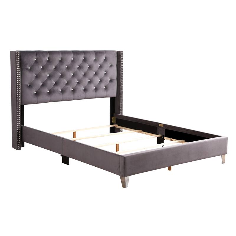 Queen Size Velvet Platform Bed with Foam-Padded Headboard and Transitional Design