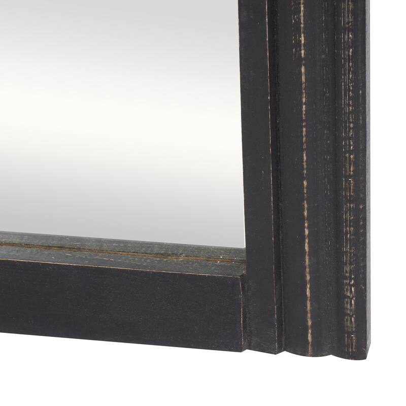 Black Mango Wood Distressed Room Floor Mirror with Carved Grooves