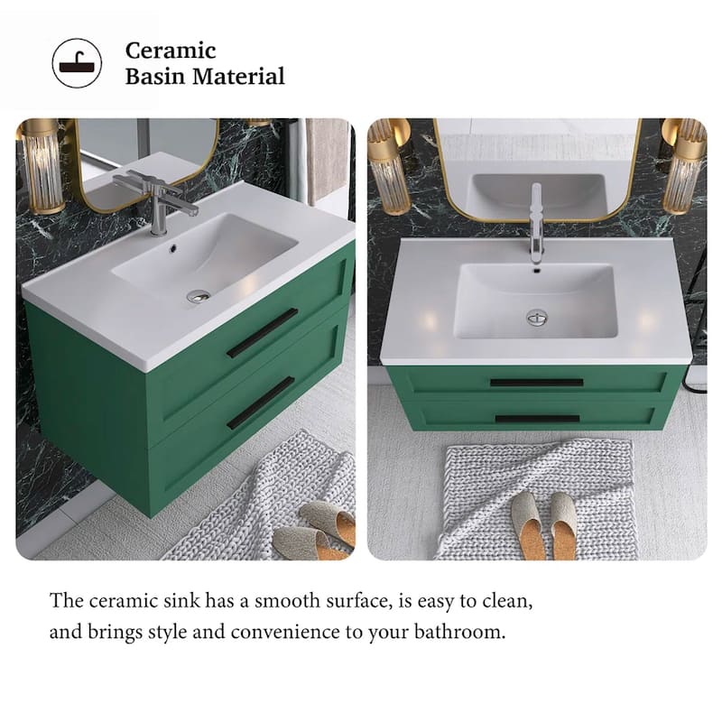 Wall-Mounted Bathroom Vanity in Green with White Ceramic Sink