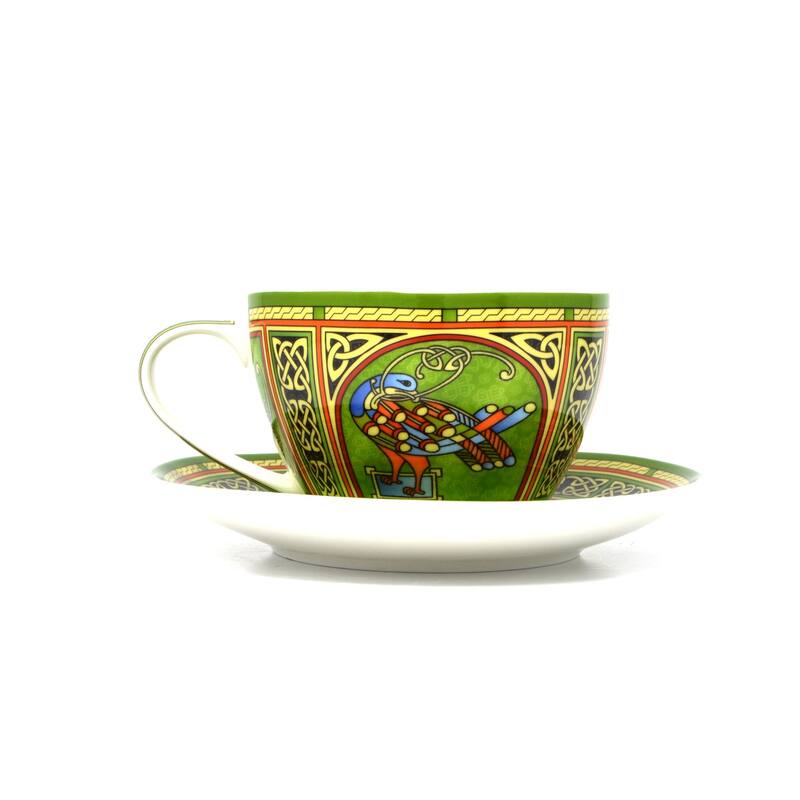 10.5oz Multicolor Bone China Celtic Cup and Saucer Set with Peacock and Knot Design