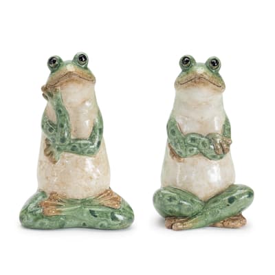 Sitting and Thinking Frog Ceramic Outdoor Garden Statues - 7.5" - Set of 2
