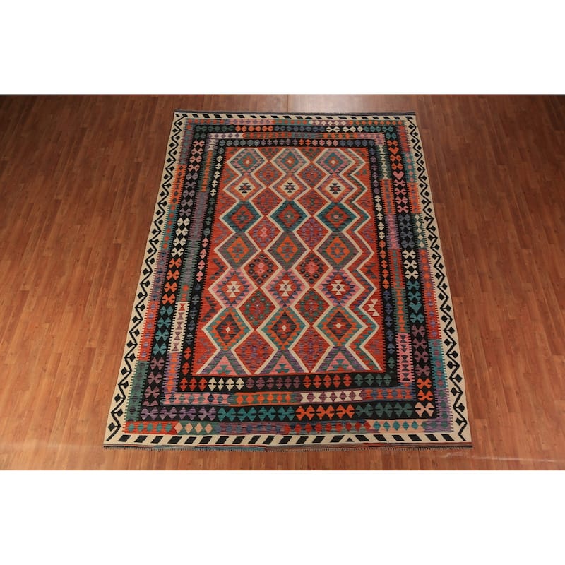 Orange Kilim Oriental Area Rug Hand-Woven Tribal Wool Carpet - 8'5"x 11'5"