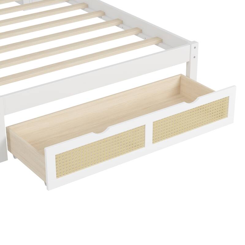 Twin Size Wooden Platform Bed with Storage Lockers, Drawer, and Headboard Shelf, Natural Rattan Design, White