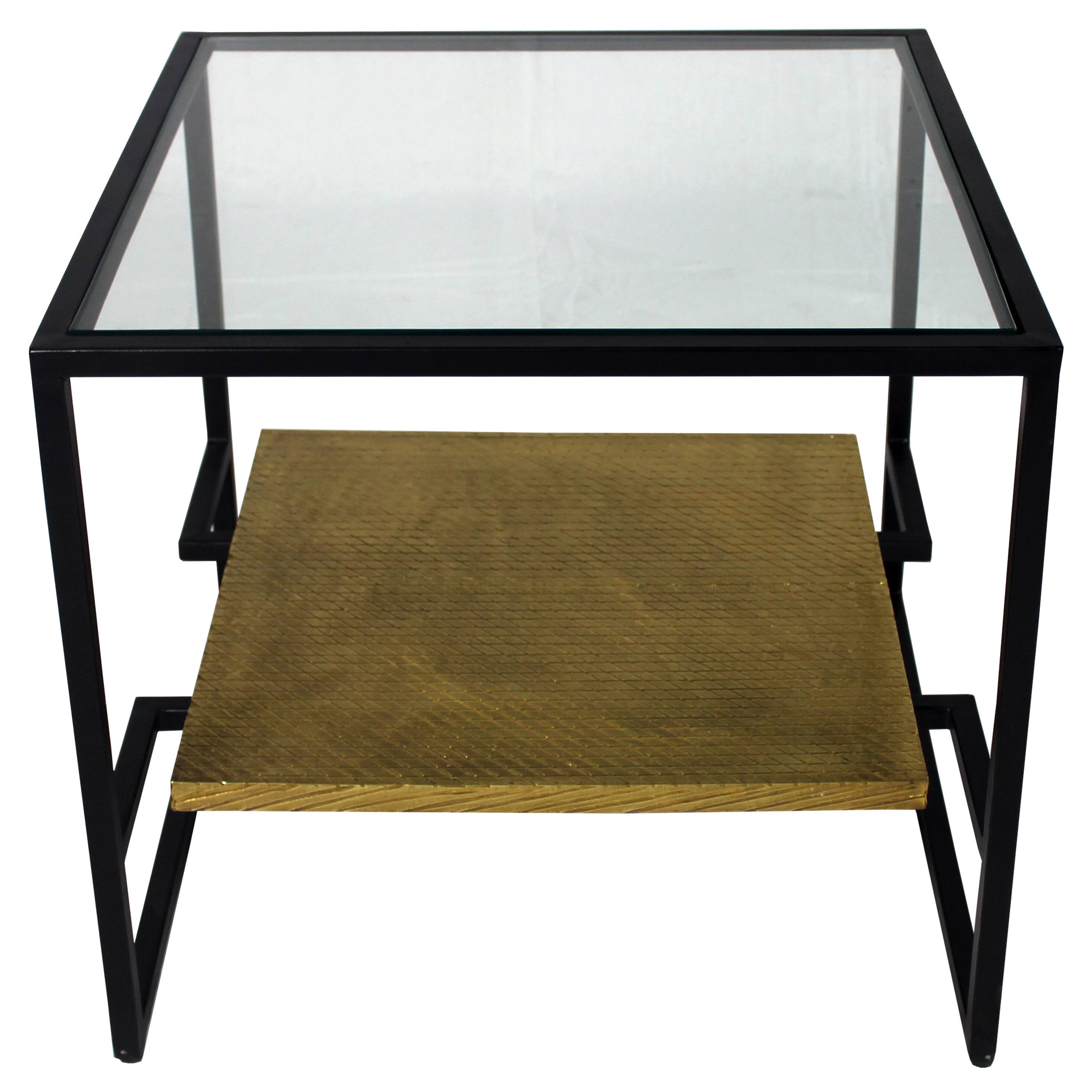 Orlando Cooper End Table with Glass Top and Brass Shelf on Cast Iron
