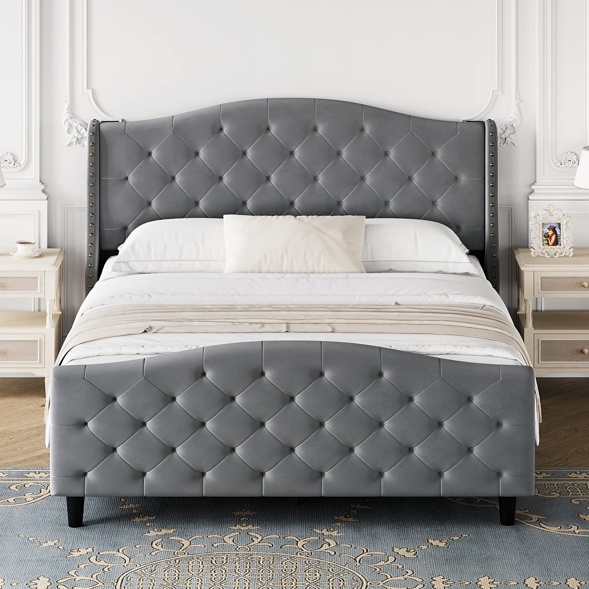 Queen Size Velvet Platform Bed Frame w/Headboard and Footboard Upholstered Bed Frames