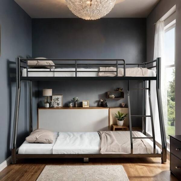 slide 2 of 9, Stylish Metal Twin Over Full Size Bunk Bed with Removable Stairs, Heavy Duty Sturdy Frame with 12" Under-Bed Storage, Black Black
