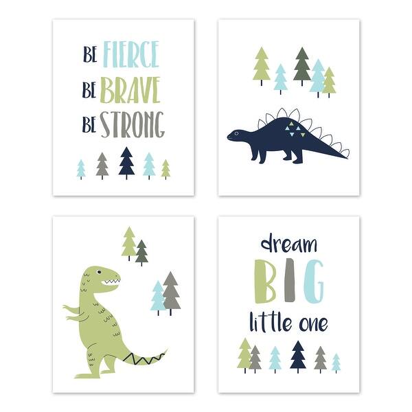 slide 2 of 6, Sweet Jojo Designs Blue and Green Dream Big Dino Mod Dinosaur Collection Wall Decor Art Prints (Set of 4)